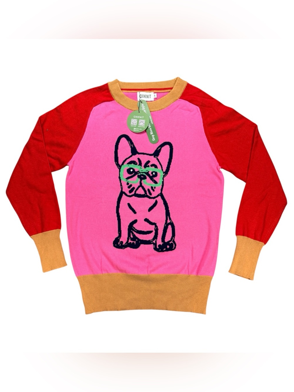 OXKNIT Pink Sweater Women's XL Retro French Bulldog Lightweight Cotton Pullover
